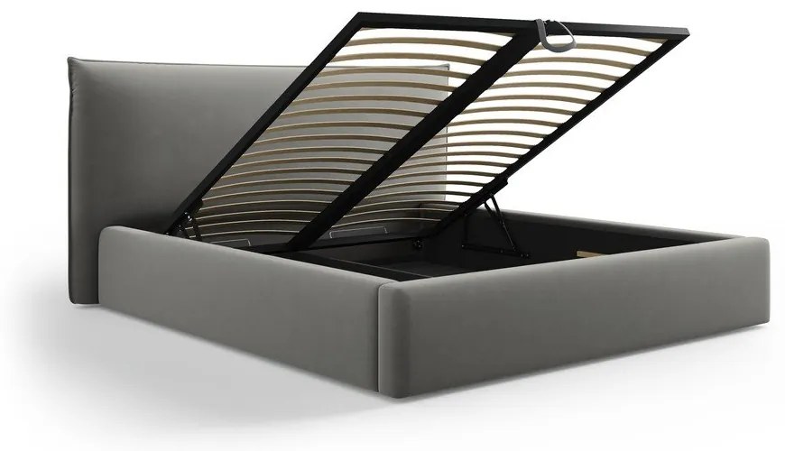 Szürke kárpitozott ágyneműtartós franciaágy ágyráccsal 140x200 cm Elio – Milo Casa