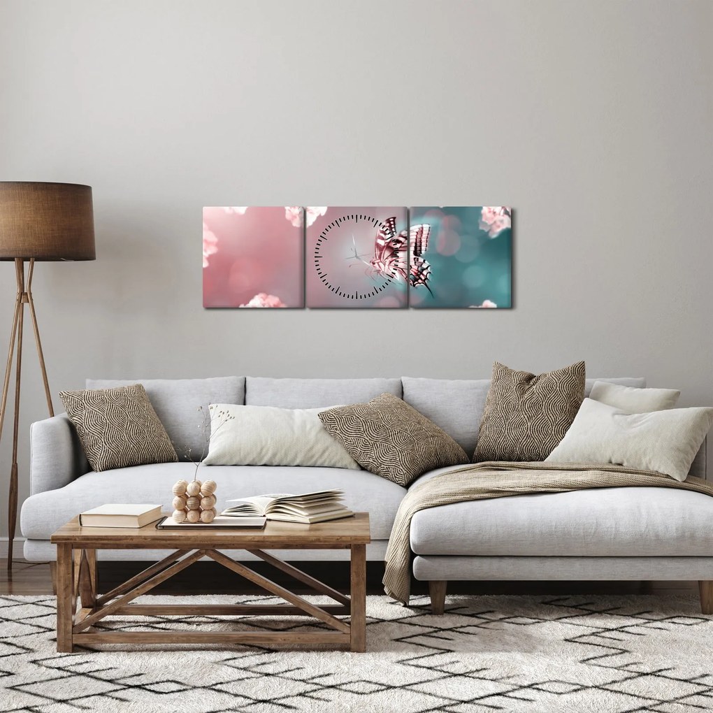 Kép - pillangó a virágok között (órával) (90x30 cm)