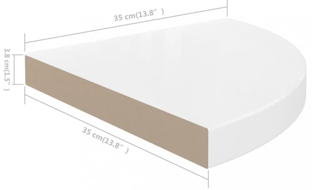 magasfényű fehér MDF lebegő sarokpolc 25 x 25 x 3,8 cm