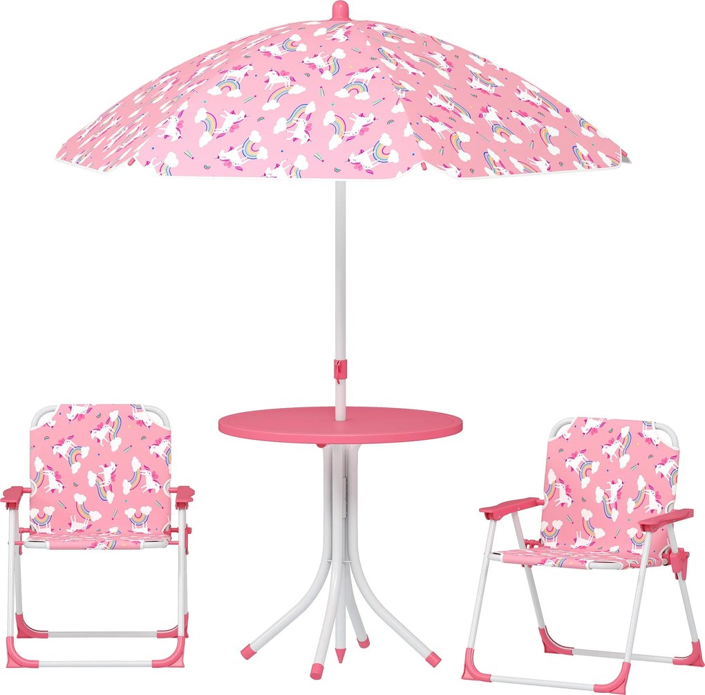 AIYAPLAY 4 részes gyerek kerti asztal- és szék szett — összecsukható székek, levehető napernyő, unikornis és szivárvány mintás, rózsaszín | Aosom