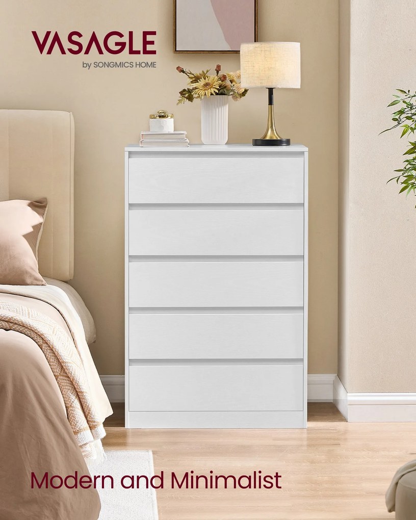 KAILYN kollekció - Modern komód, hófehér fiókos szekrény 5 fiókkal, 40 x 60 x 97,4 cm