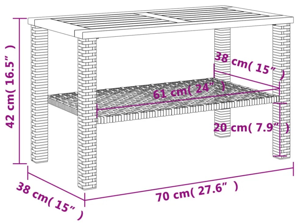 szürke polyrattan és akácfa kerti asztal 70 x 38 x 42 cm