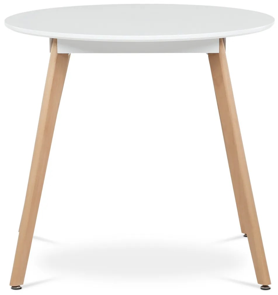 Masă rotundă, 80x80x74 cm, MDF - lac mat alb, cadru metalic, picioare din lemn