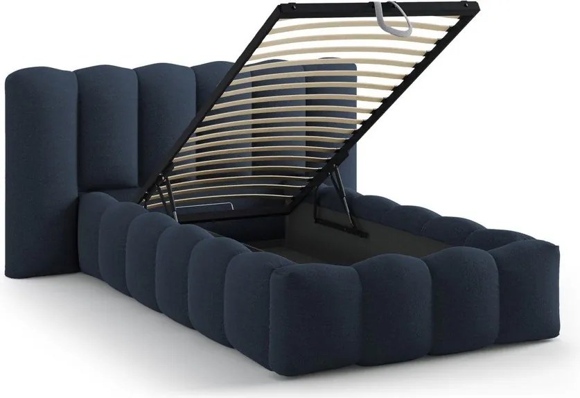 Kék kárpitozott ágyneműtartós egyszemélyes ágy ágyráccsal 90x200 cm Lupine – Micadoni