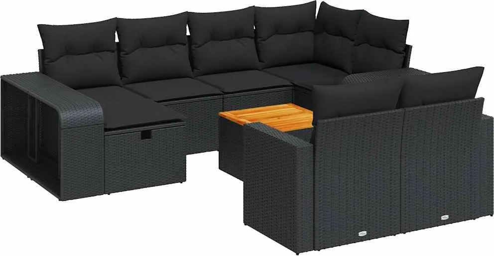 vidaXL 11 részes fekete polyrattan kerti ülőgarnitúra párnákkal