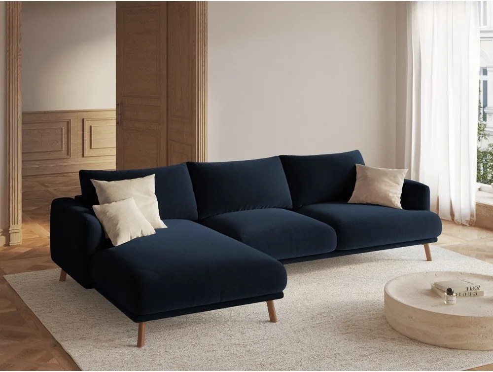 Sötétkék bársony sarokkanapé (bal oldali-heverő résszel) Naomi – Micadoni