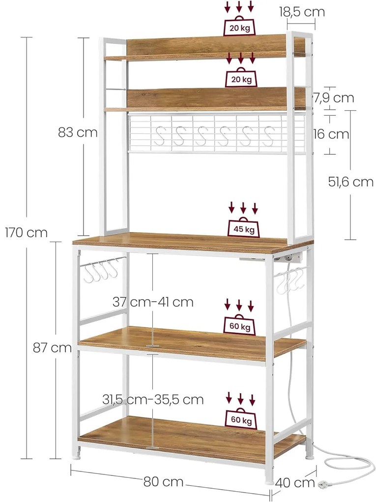 Konyhai polc, rendszerező polc konnektorokkal, 40x80x170 cm, barna- fehér