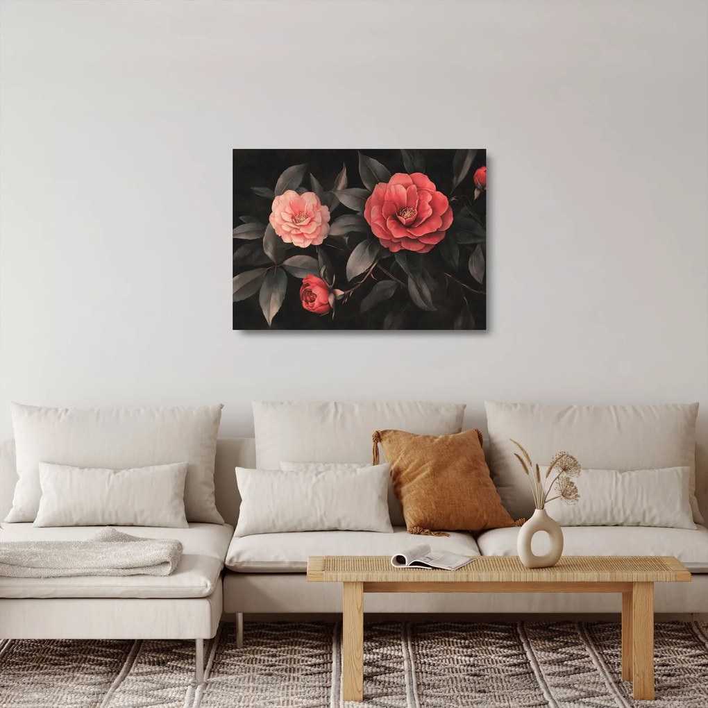 Üveg kép - Vörös virágok sötét háttér előtt (70x50 cm)