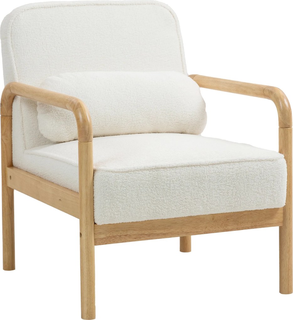 HOMCOM Karosszék - Modern Fehér Fotellal és Fa Lábakkal, Nagy Ülés, Párnával, Bouclé Stílus, Kárpitozott Hálószobába | Aosom