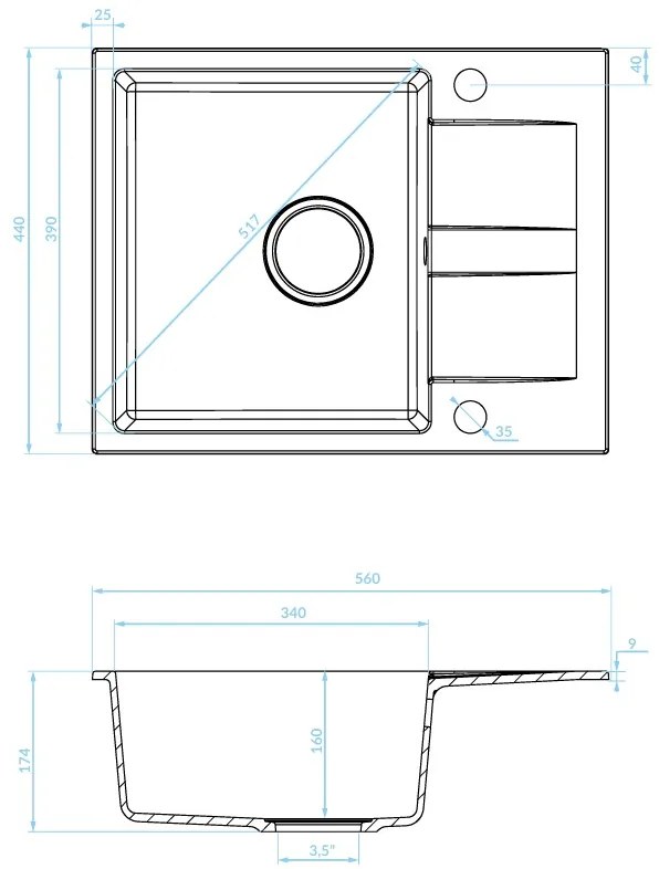 Kuchinox Laut, 1 rekeszes gránit mosogató 560x440x174 mm + szifon, bézs, LAV-SBZ_413Y