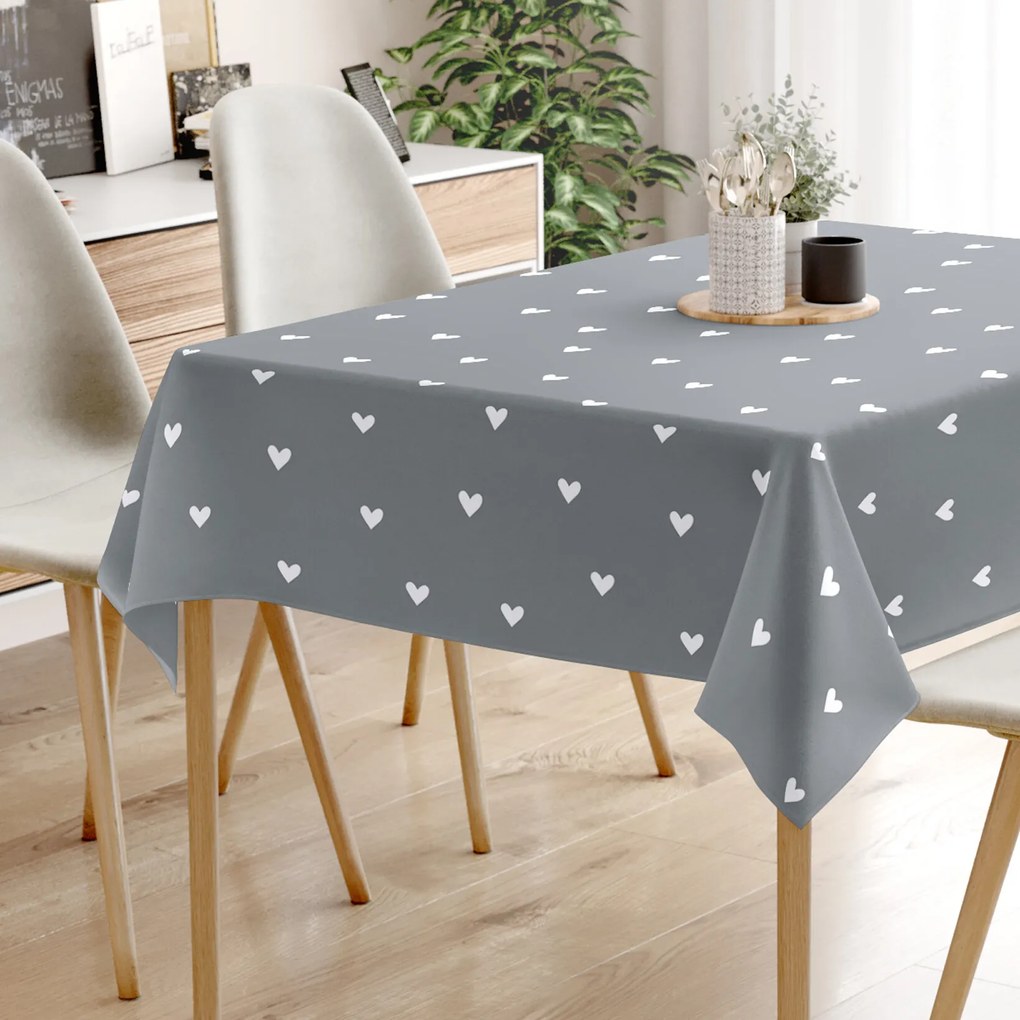Goldea szögletes terítő 100% pamutvászon - szívecskék, szürke alapon 120 x 140 cm