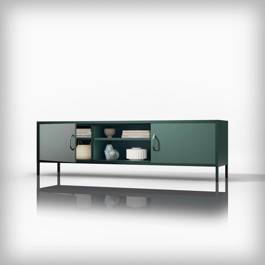 Széles XL méretű, lábakon álló fém TV-szekrény, palackzöld színben, 1700x400x500 mm: ROSARIA