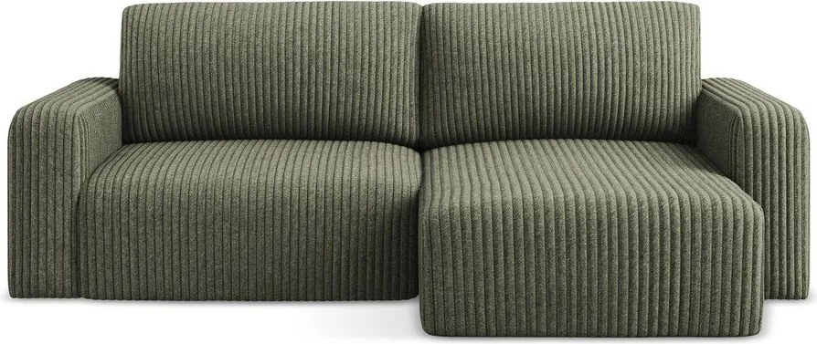 Zöld kordbársony kinyitható-tárolóhelyes sarokkanapé (jobb oldali-heverő résszel) Kona – Makamii