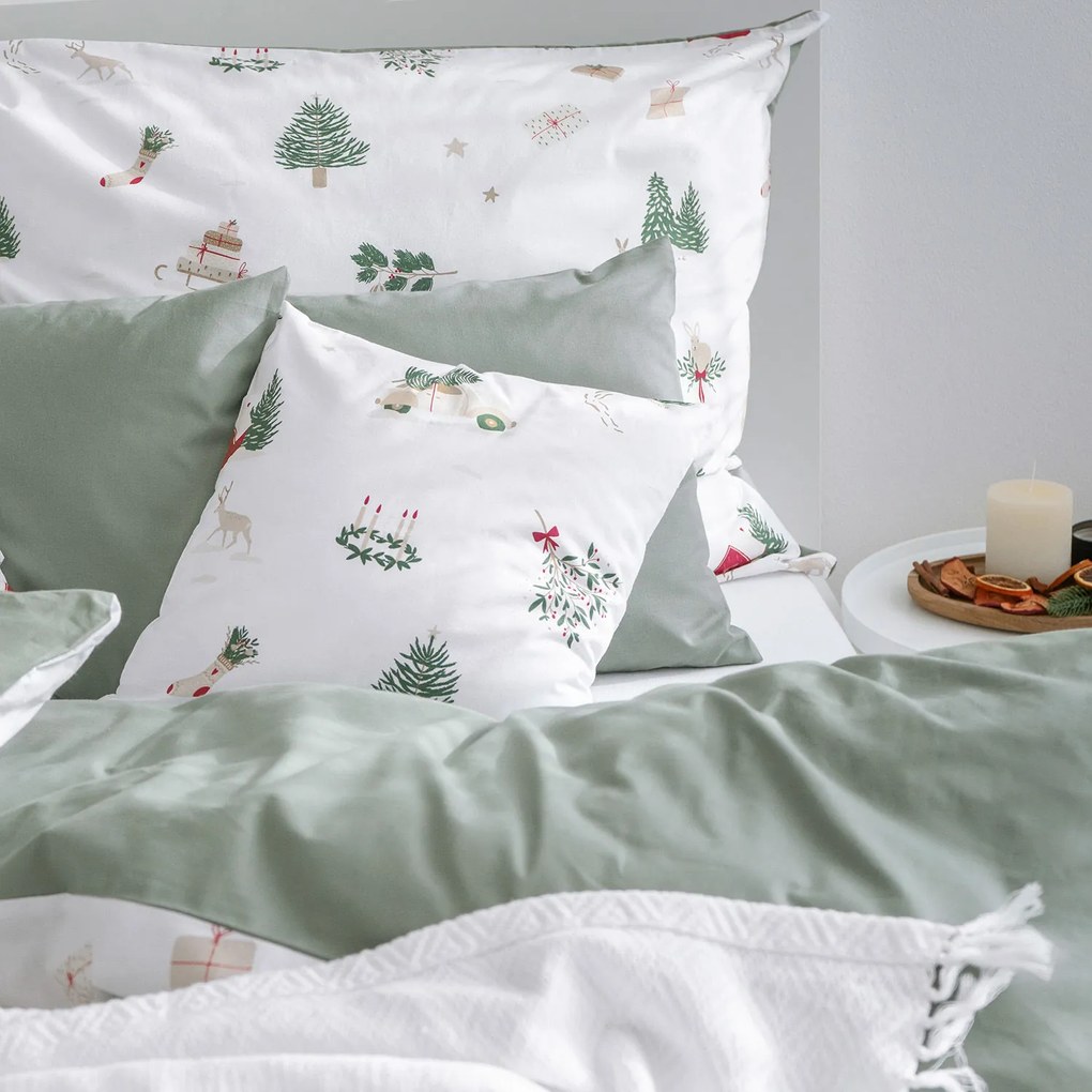 Goldea karácsonyi pamut ágyneműhuzat duo - tradicionális karácsonyi, zsálya színű hátoldal 140 x 200 és 70 x 90 cm