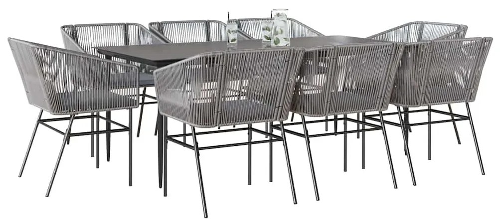 9 részes szürke polyrattan üveg kerti étkezőgarnitúra párnával