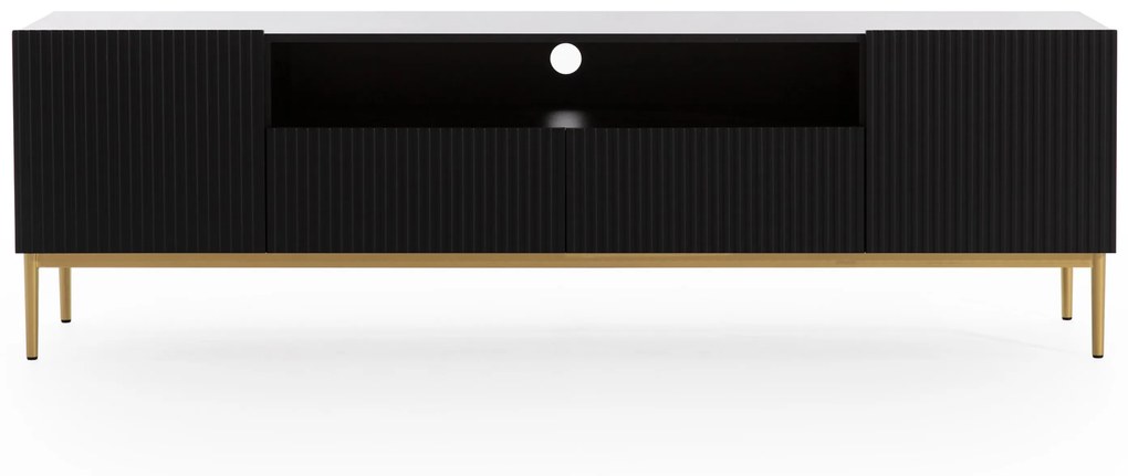 Nicole TV-szekrény 200 cm nyitott polccal és fiókokkal - matt fekete / arany lábak