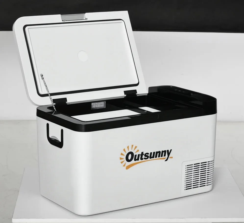 Outsunny Hordozható Elektromos Hűtő 25L 12/24V -20℃-ig Kompresszoros Hűtő és Fagyasztó Autóhoz LED Fénnyel és Összecsukható Fogantyúkkal 58.5x33.5x35.
