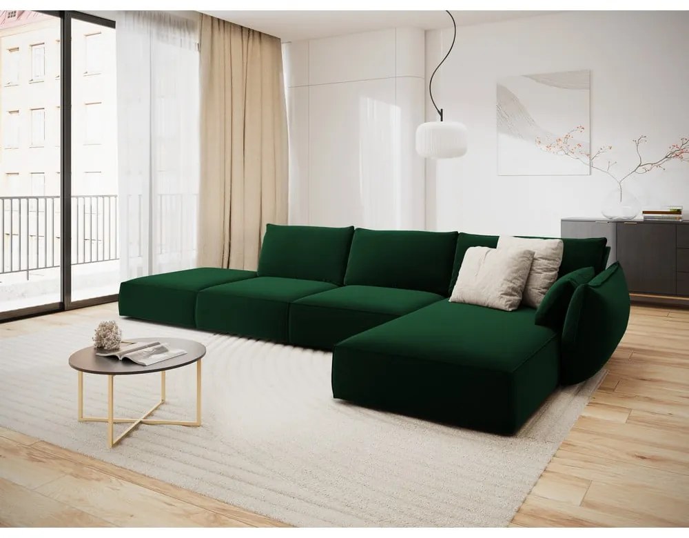 Sötétzöld bársony sarokkanapé (jobb oldali-heverő résszel) Vanda – Mazzini Sofas