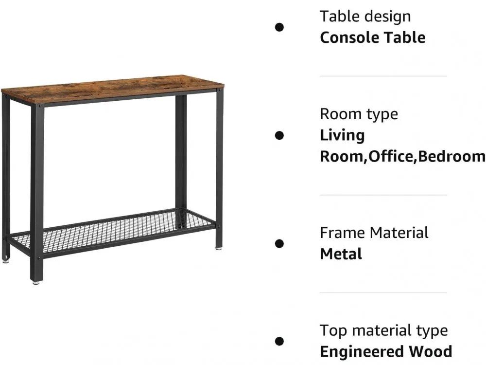Konzolasztal fém hálós polccal, rusztikus barna 101x35x80cm