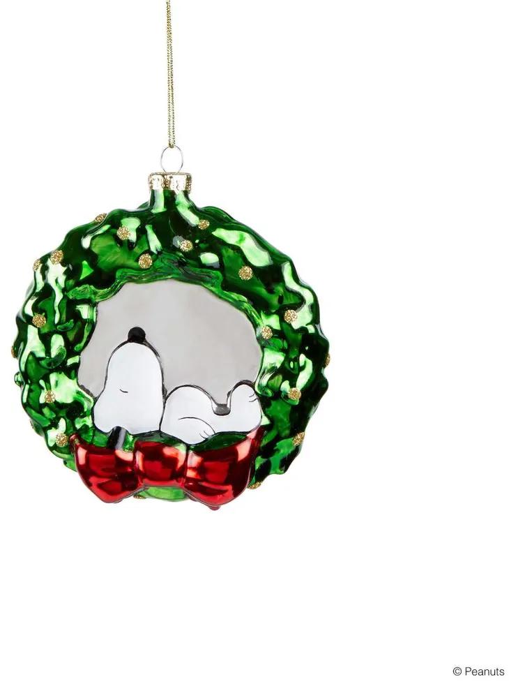 PEANUTS üveg karácsonyfadísz, Snoopy koszorúban, 11  cm