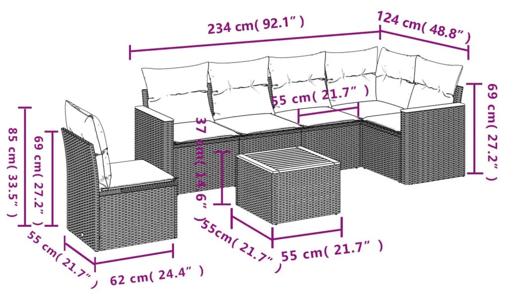 7 részes bézs polyrattan kerti ülőgarnitúra párnákkal