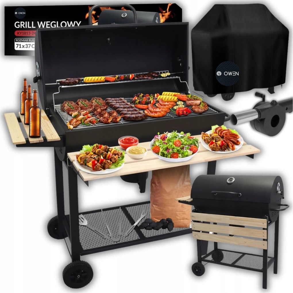 Kerti Szén Grill 2x Grillrács Krómozott Polcok Hamutartó Hőmérő Szett