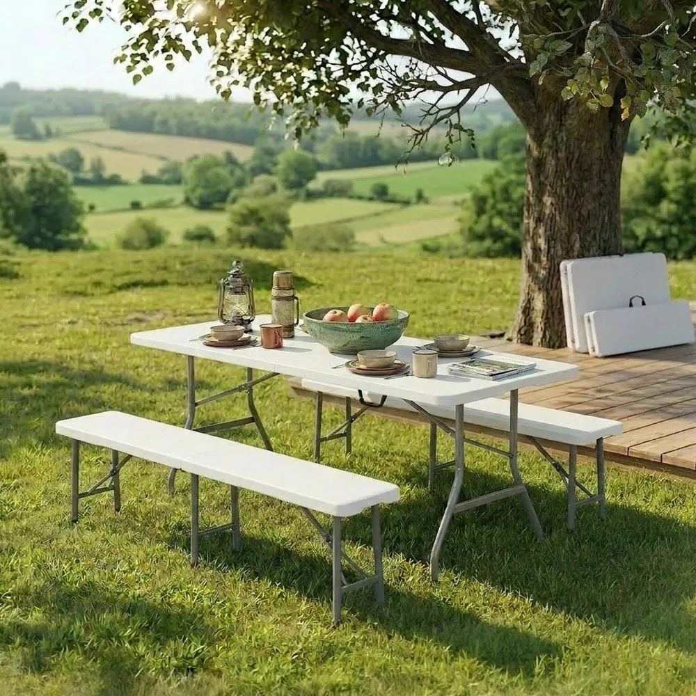 Catering/camping szett – ESSEN asztal + 2× LINDAU pad