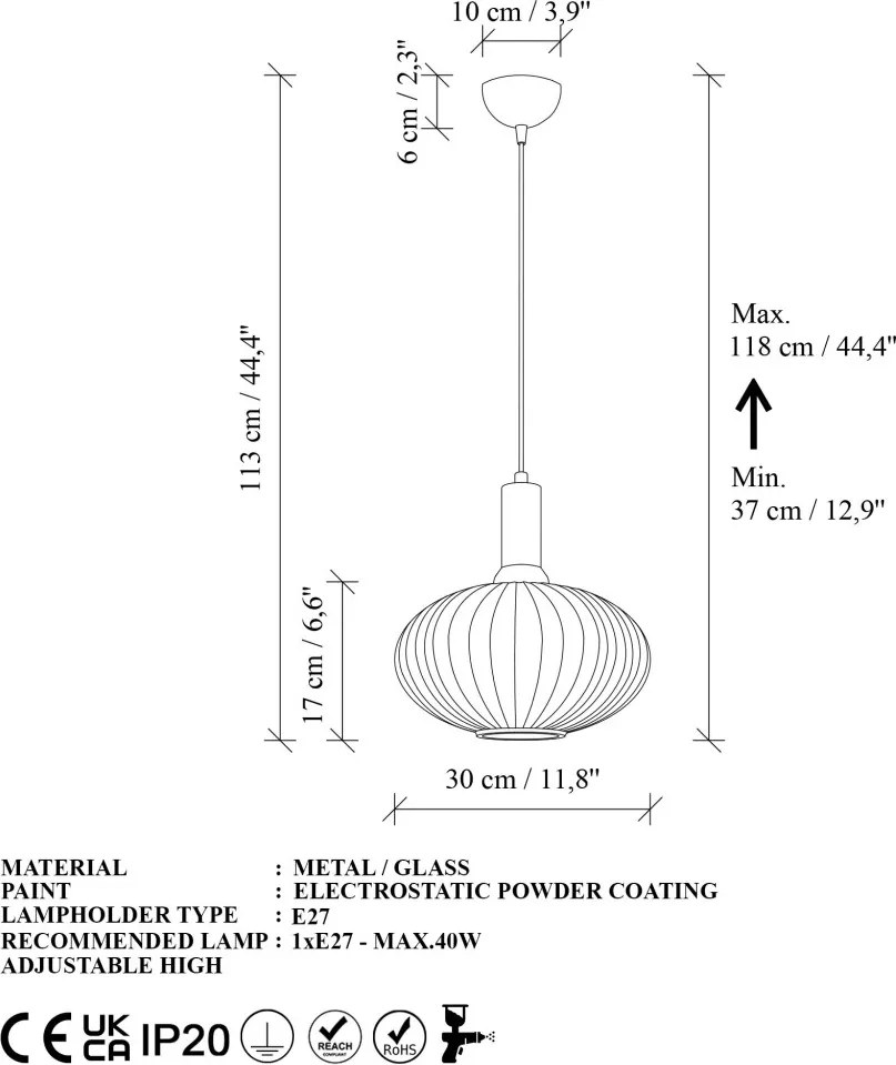 Asker 15182 fekete fém-üveg függőlámpa, Ø30 cm