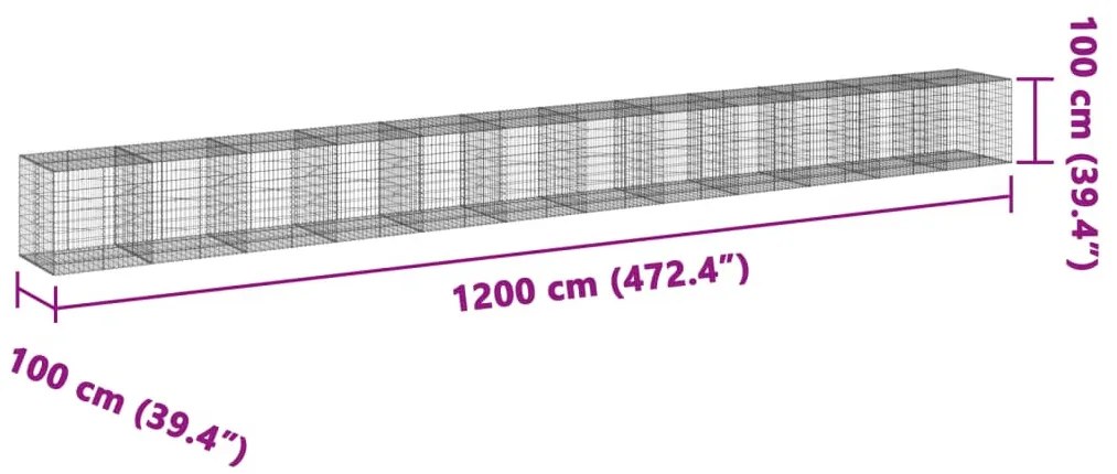 horganyzott vas gabion kosár fedéllel 1200 x 100 x 100 cm