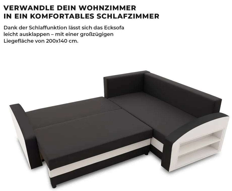 Grande sarokkanapé polcokkal , polc a jobb karfaban, jobboldali, szövet anyag, hab töltet, fekete - fehér