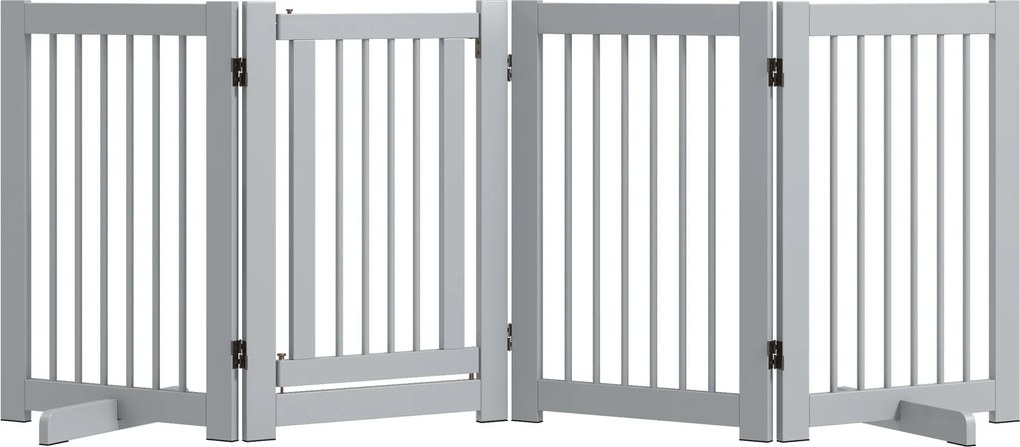 PawHut Szabadonálló Kutyabiztonsági Ajtó 204 x 75 cm Fa Kutyakapu Lépcsőhöz, Ajtókhoz, Konyhához, Előtérhez, 4 Panel, Világosszürke | Aosom