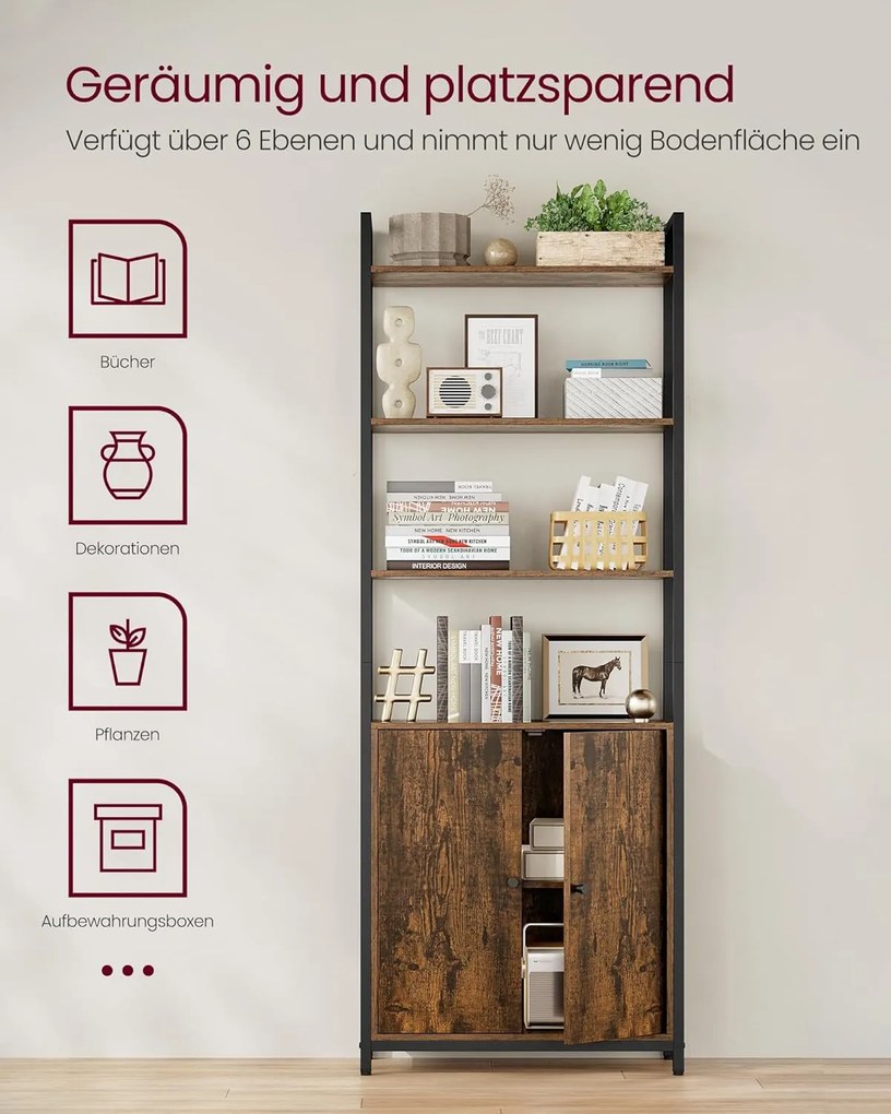 Könyvespolc, 6 szintes, állópolc ajtókkal, 24 × 60 × 159,5 cm, vintage barna–tintafekete