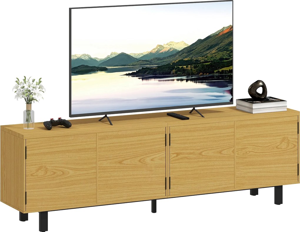 HOMCOM 180 cm TV-állvány — natúr fa hatás, akár 208 cm (82 colos) TV-hez, 4 nyomásra nyíló ajtó | Aosom