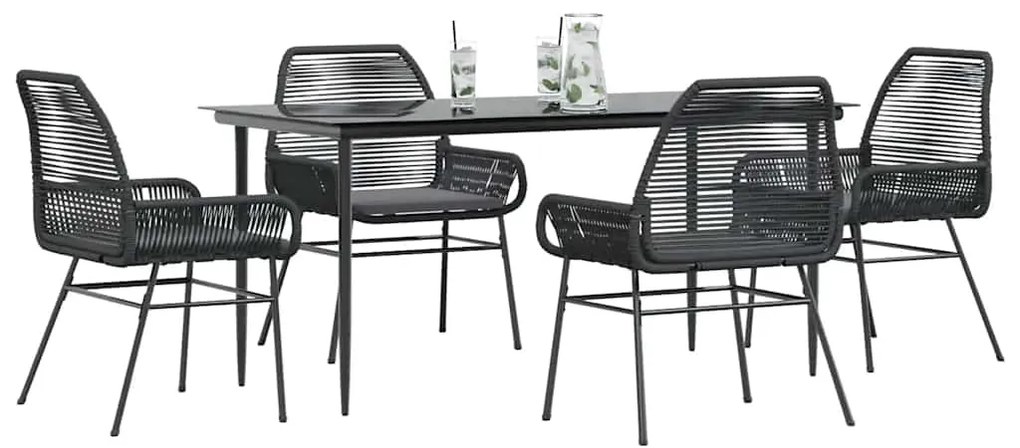 vidaXL 5 részes fekete polyrattan üveg kerti étkezőgarnitúra párnákkal
