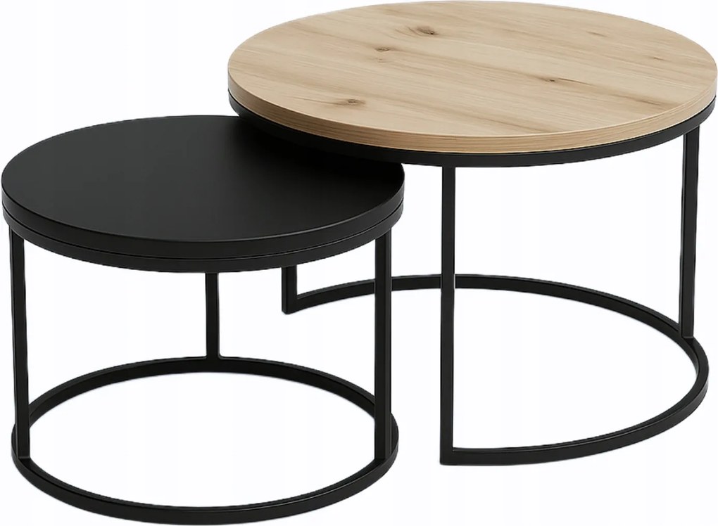 Dohányzóasztal Nappaliba Loft 2in1 Artisan Tölgy Fekete kerek szett