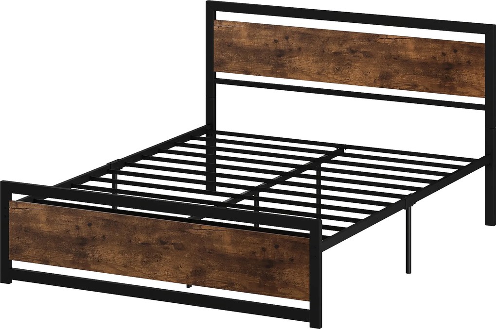 HOMCOM 167x208x103 cm-es Fa és Acél Franciaágy Keret Integrált Rácsokkal és Ipari Stílusú Fővégével, Fekete és Rusztikus Barna | Aosom
