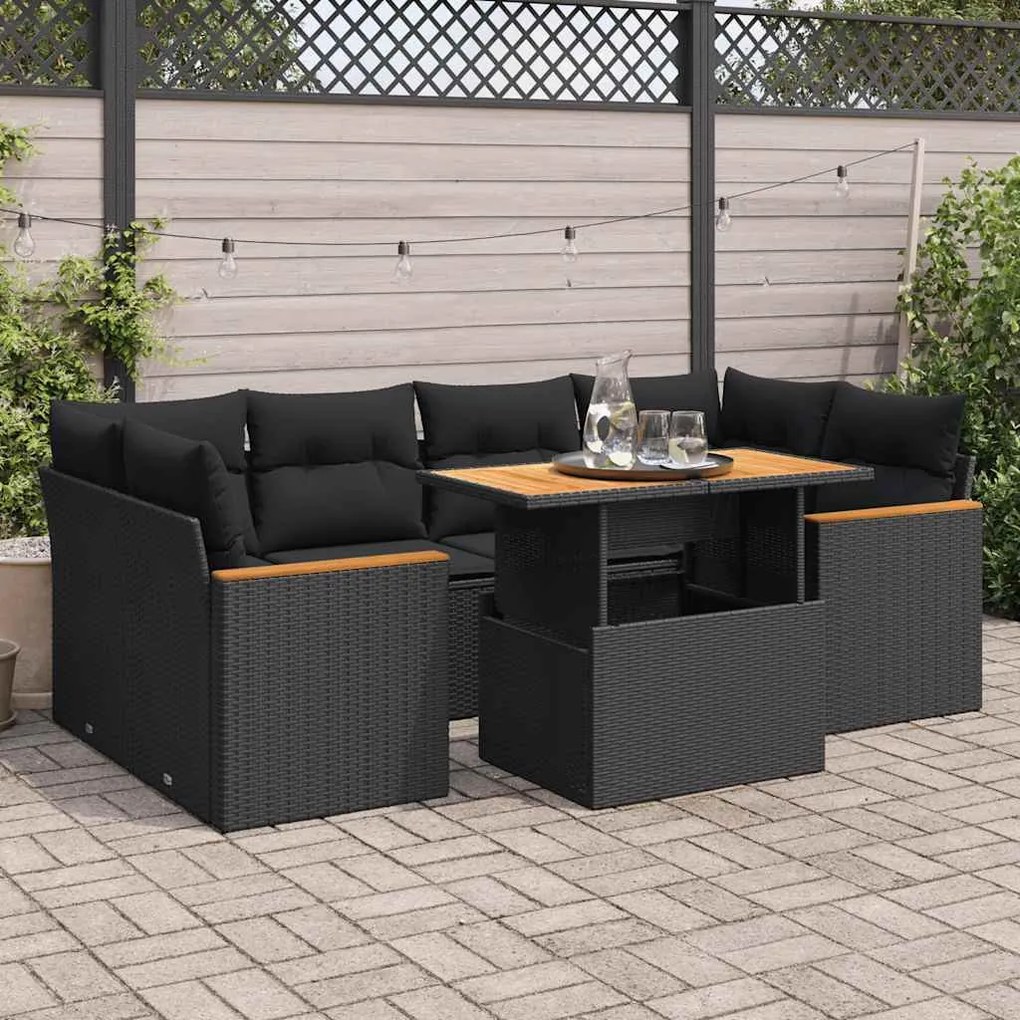 6 részes fekete polyrattan akácfa kerti ülőgarnitúra párnákkal