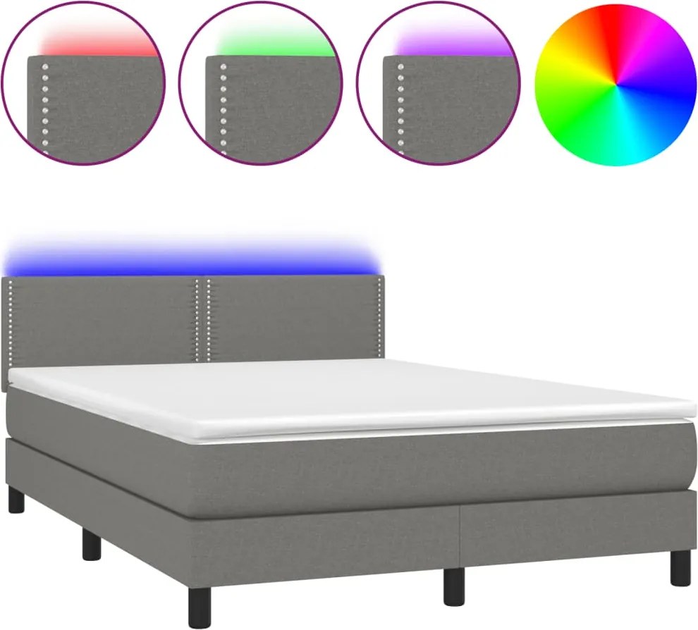 vidaXL sötétszürke szövet rugós és LED-es ágy matraccal 140x200 cm