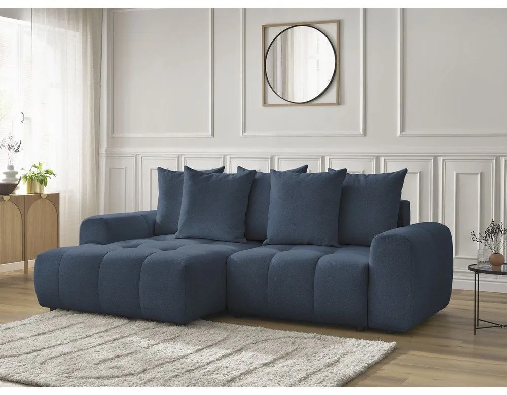 Kék zsenília kinyitható-tárolóhelyes sarokkanapé (bal oldali-heverő résszel) Roxelane – Bobochic Paris