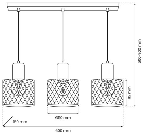 Csillár zsinóron SOBRESA 3xE27/60W/230V fekete/fa