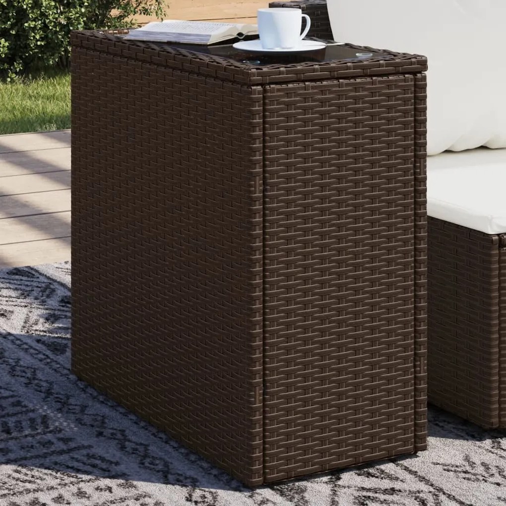 barna polyrattan kerti kisasztal üveg lappal 58 x 27,5 x 55 cm