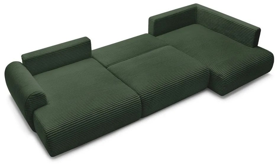 Sötétzöld kordbársony kinyitható-tárolóhelyes sarokkanapé (jobb oldali-U alakú) Lucien – Bobochic Paris