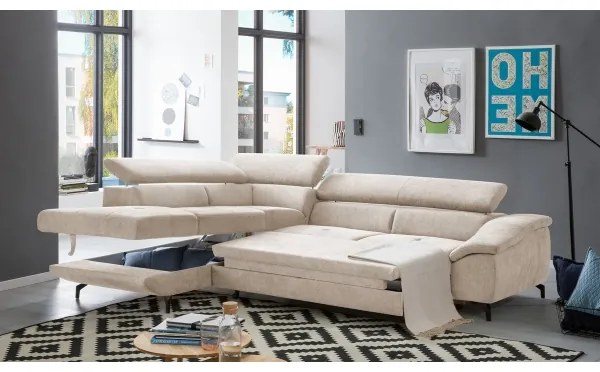 BRESCIA kinyitható L-alakú balos sarokülőgarnitúra, bézs, tárolóval