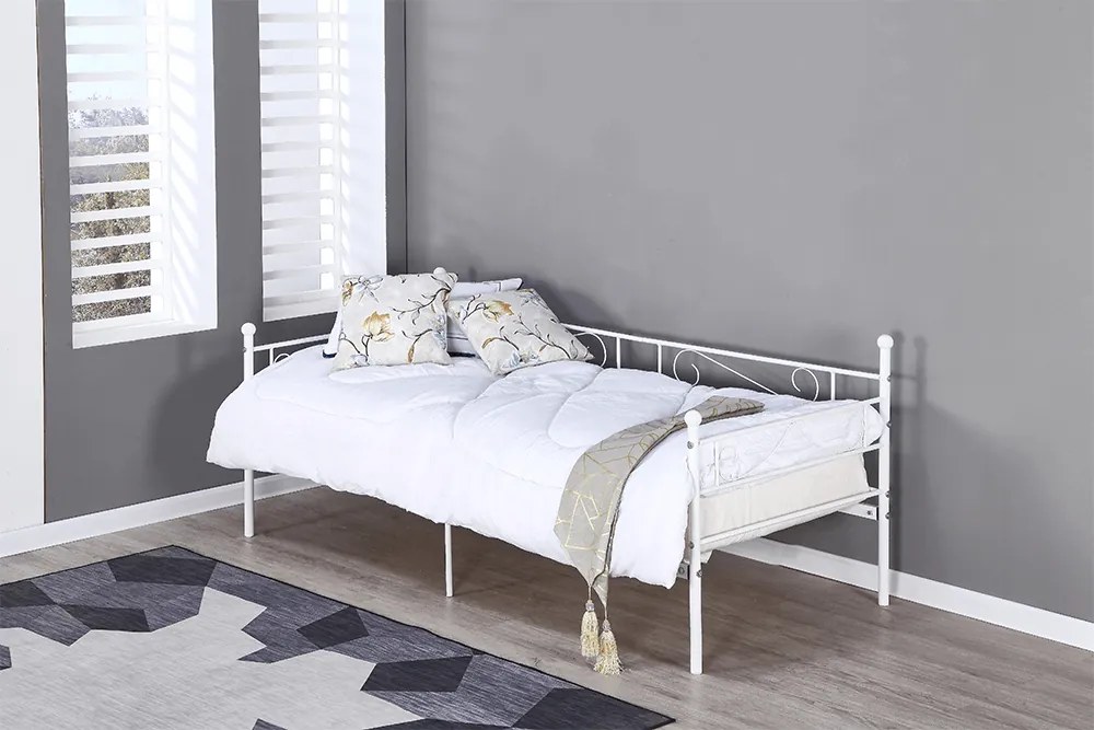 Fém kanapé - egyszemélyes ágy, fehér, 90x200, ROZALI