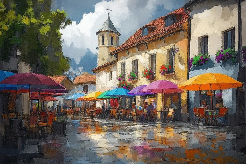 Vászonkép Canvas Város Tér Utca Kávézók Napernyők Templom 120x80