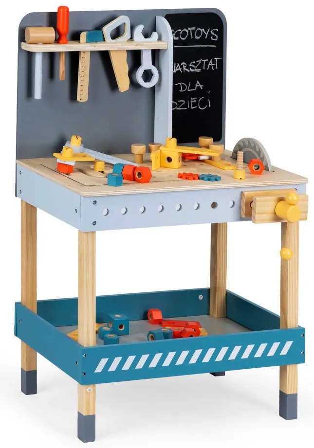 Fa barkács asztal szerszámokkal krétatáblával 47 darab