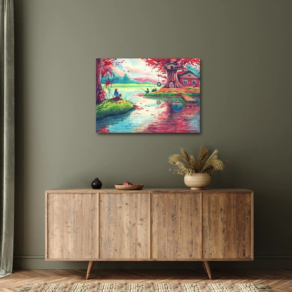 Kép - akvarell, Öböl egy hegyi faluban (70x50 cm)