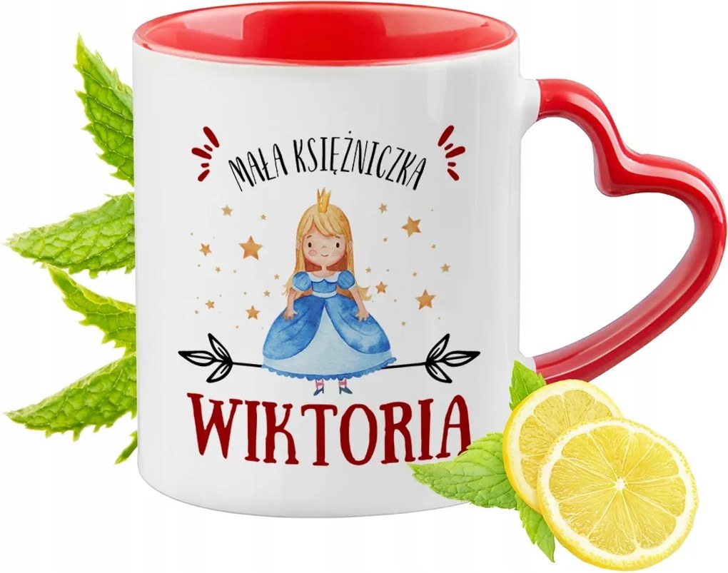 Piros bögre szív alakú füllel Viktória ajándék