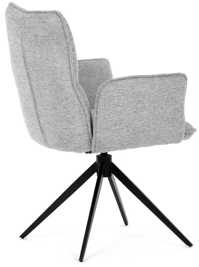 Scaun de dining rotativ, tapițat cu material textil gri, mecanism rotativ 360°, picioare metalice negre