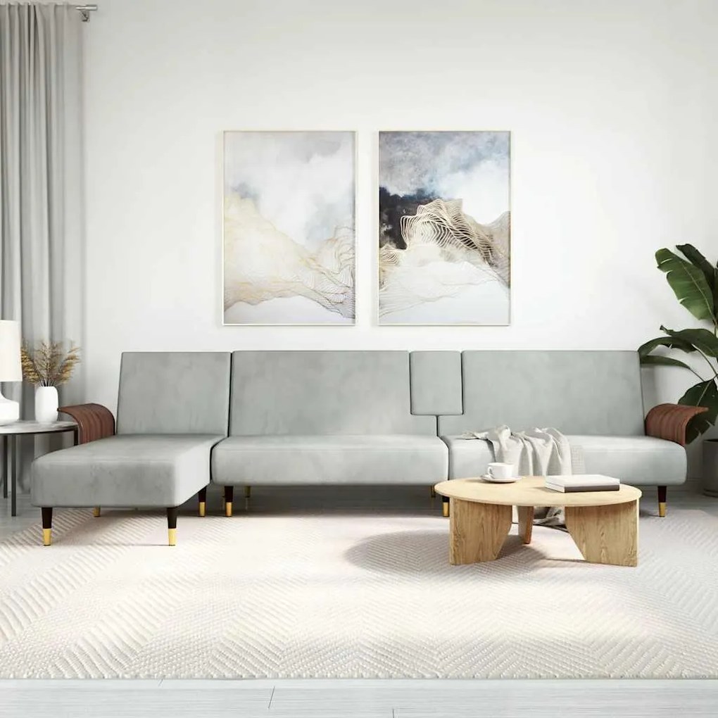 világosszürke L-alakú bársony kanapéágy 279x140x70 cm